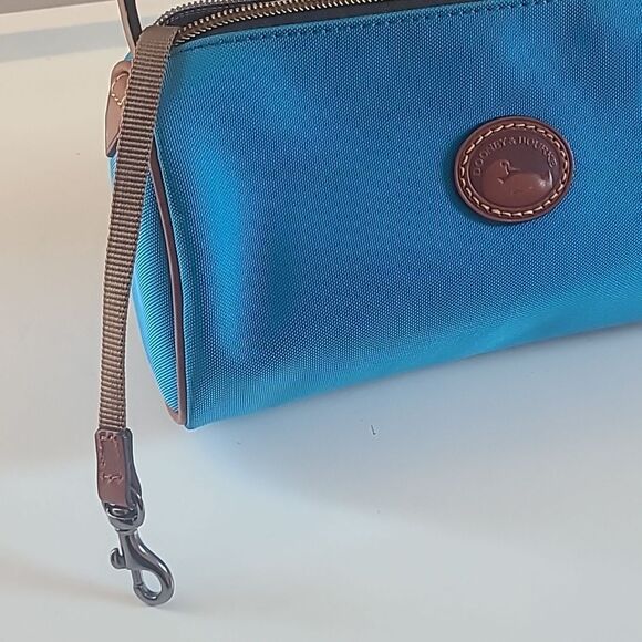 Dooney & Bourke Bright Blue Nylon Brown Leather Trim Small Barrel Shoulder Bag - Picture 9 of 13